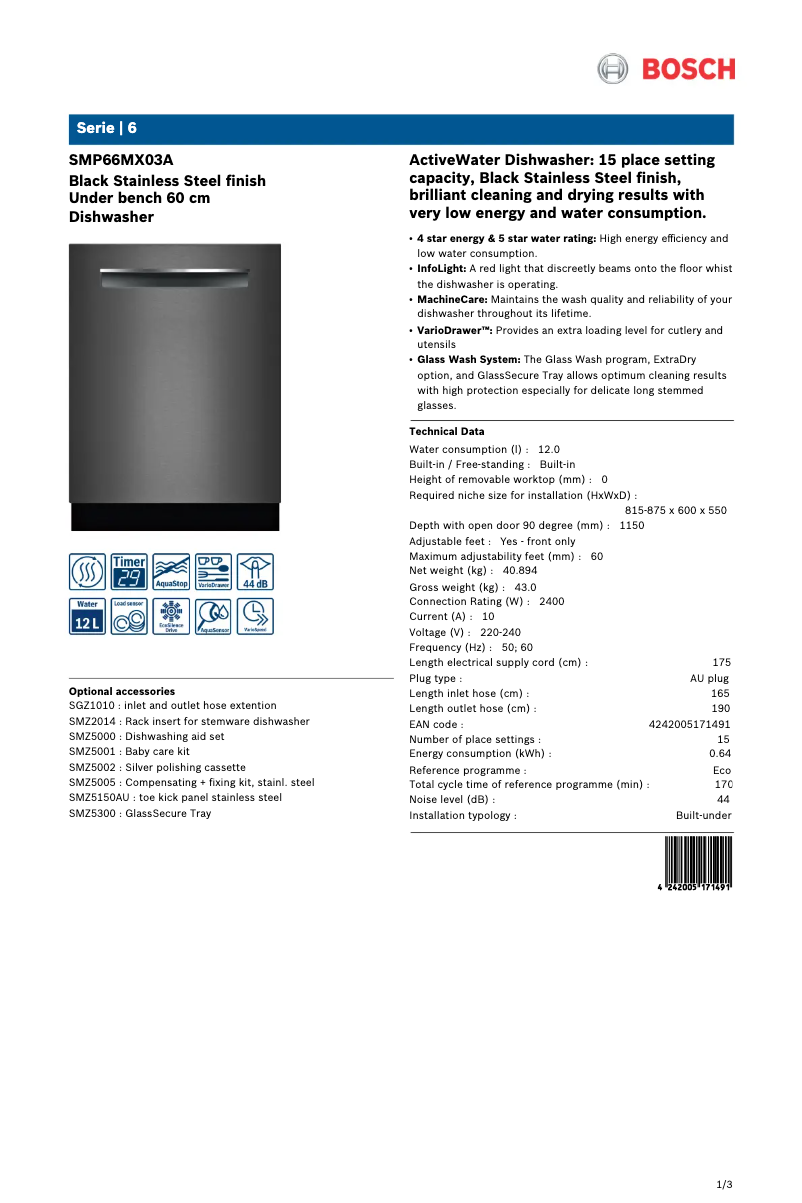 Page 1 de la notice Fiche technique Bosch SMP66MX03A