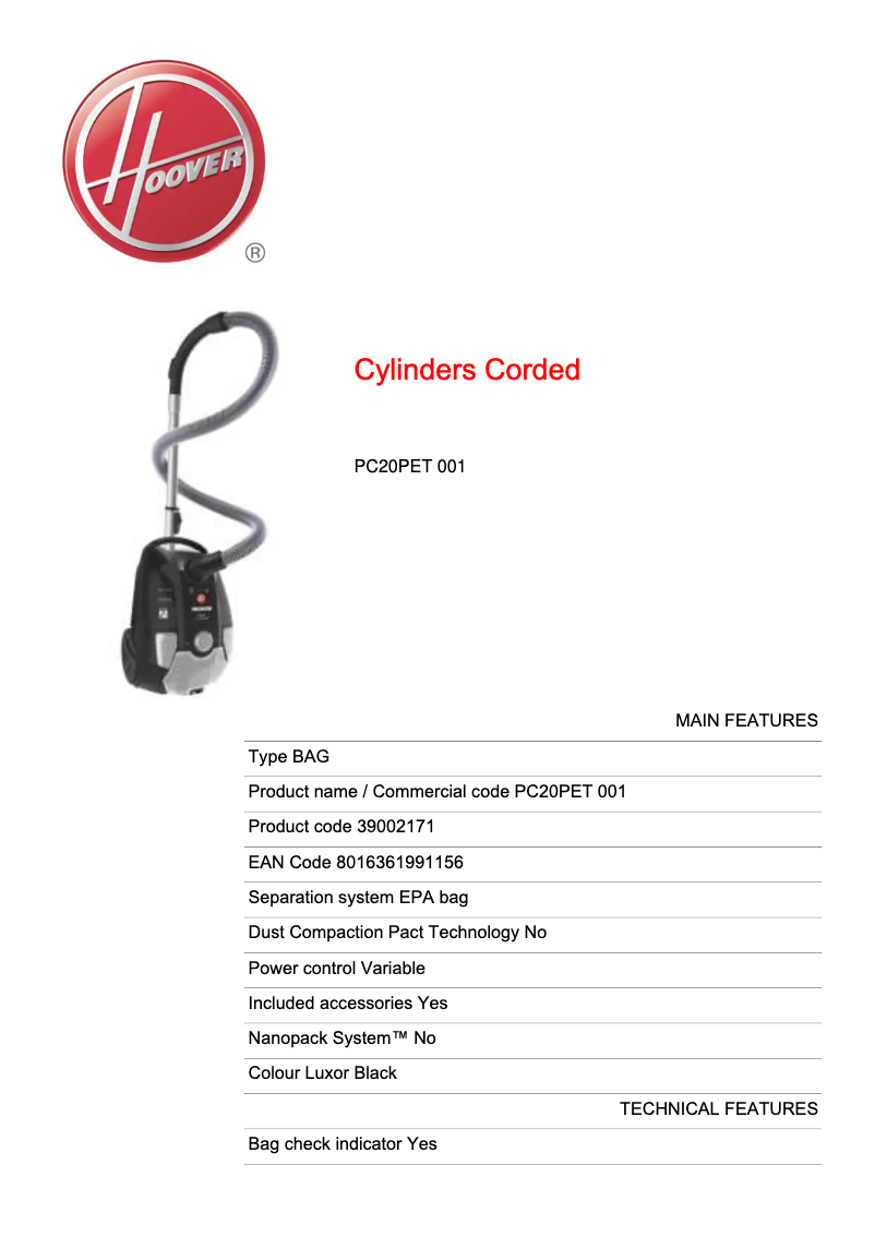 Página 1 del manual Ficha técnica Hoover Power Capsule PC20PET 001