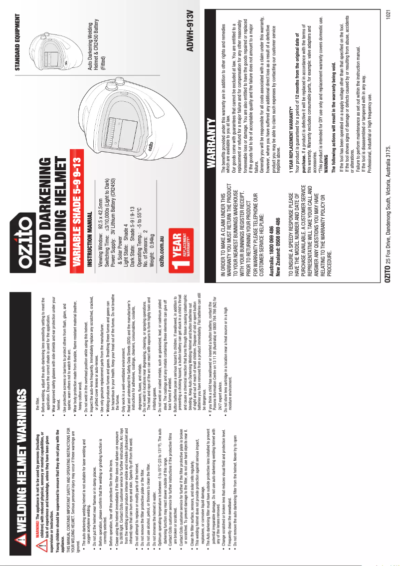 Página 1 del manual Manual de usuario Ozito ADWH-913V