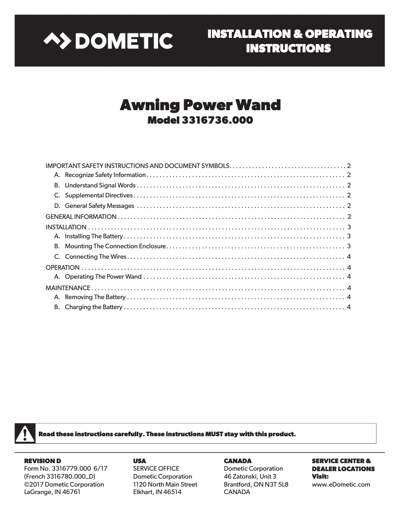 Page n°1 - Manuel utilisateur Dometic Power Wand Assembly