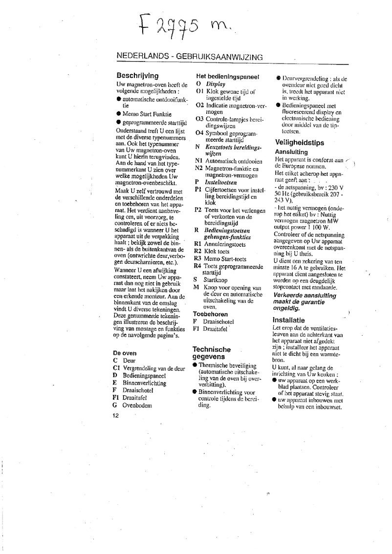 Page 1 de la notice Manuel utilisateur Scholtès F 2775 M