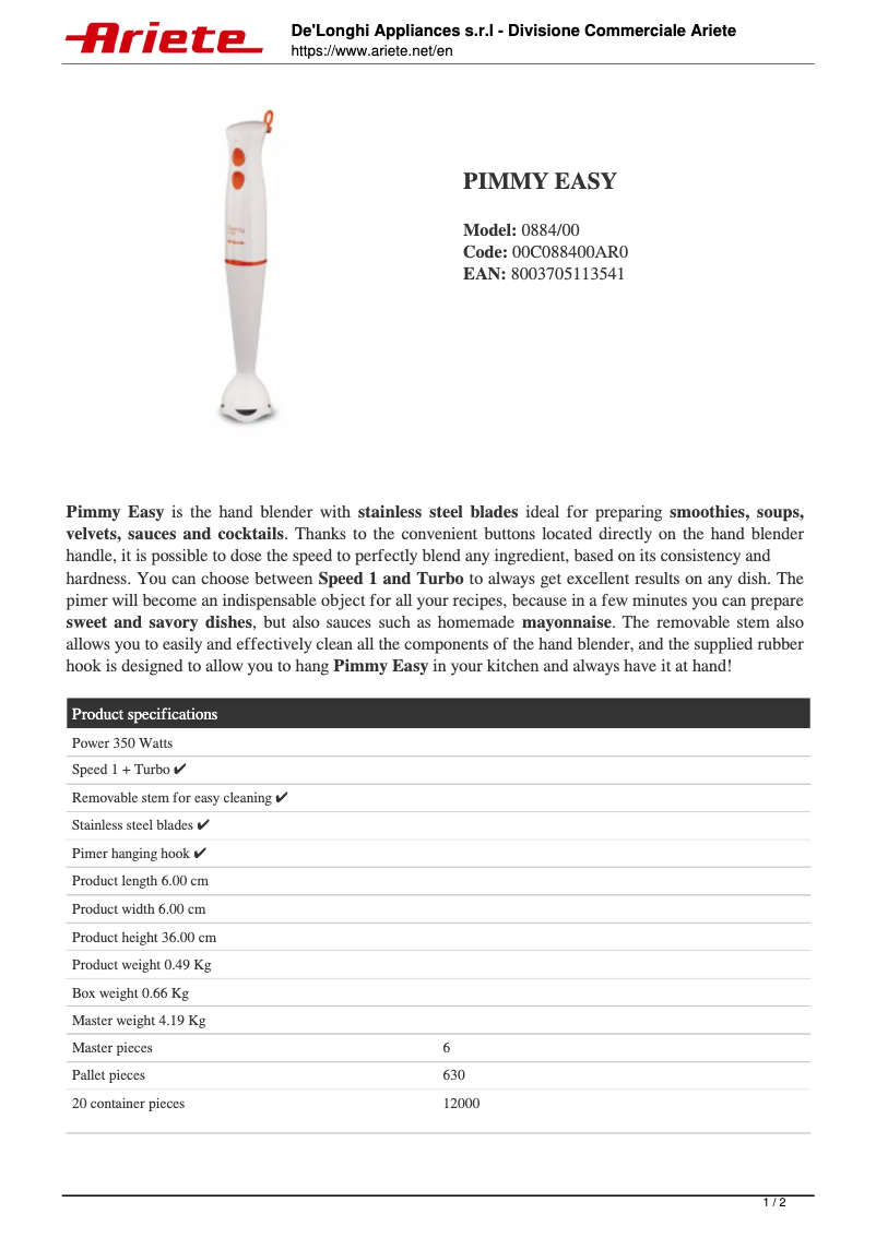 Page 1 de la notice Manuel utilisateur Ariete Pimmy Easy 884