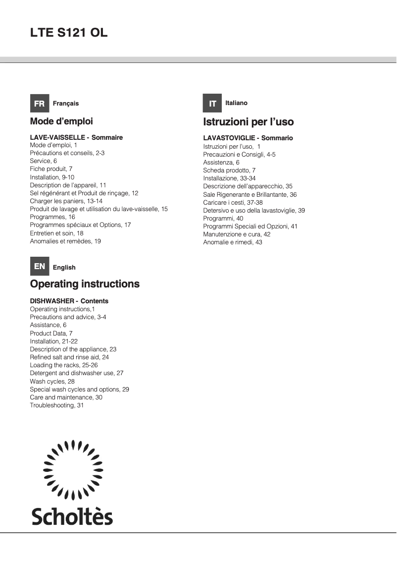 Page n°1 - Manuel utilisateur Scholtès LTE S121 OL