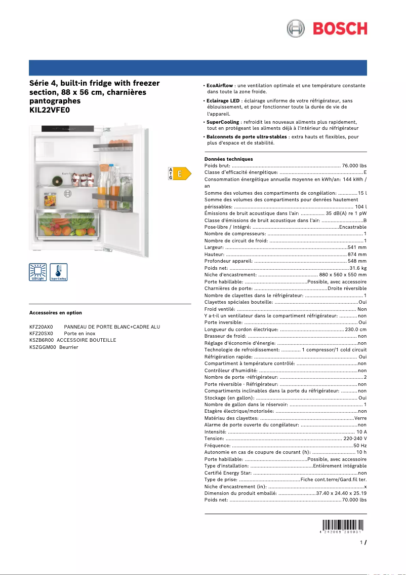 Page 1 de la notice Fiche technique Bosch KIL22VFE0