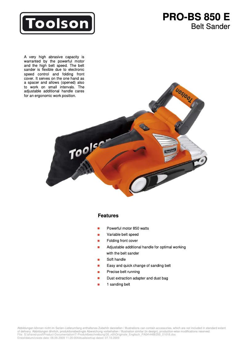 Page 1 de la notice Fiche technique Toolson PRO-BS 850 E
