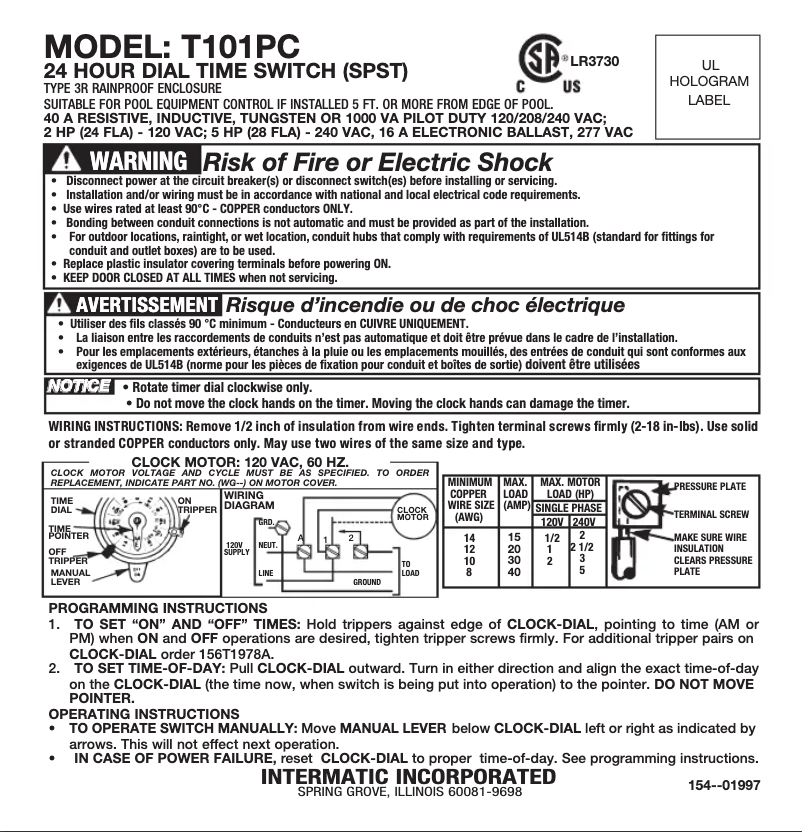 Page 1 de la notice Manuel utilisateur Intermatic T101PC
