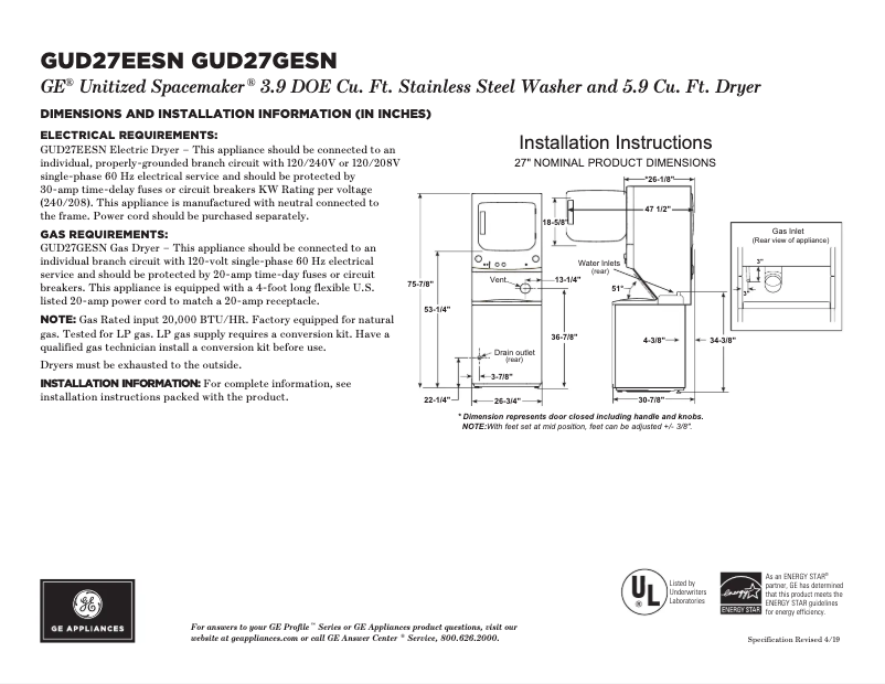 Page 1 de la notice Fiche technique GE GUD27SNWW