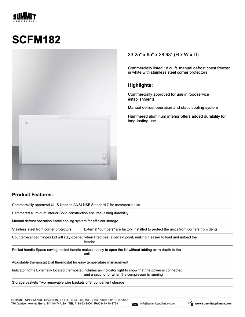 Página 1 del manual Ficha técnica Summit SCFM182