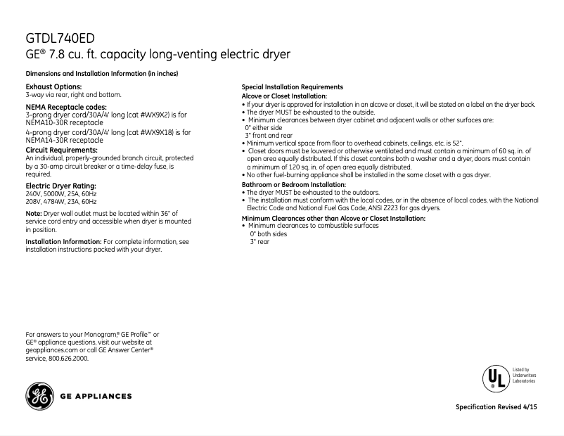 Page n°1 - Fiche technique GE GTDL740EDWW