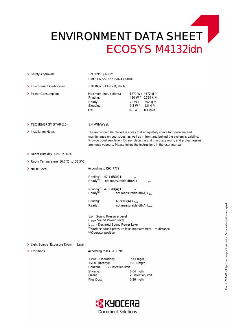 Page 1 de la notice Fiche technique Kyocera ECOSYS M4132idn