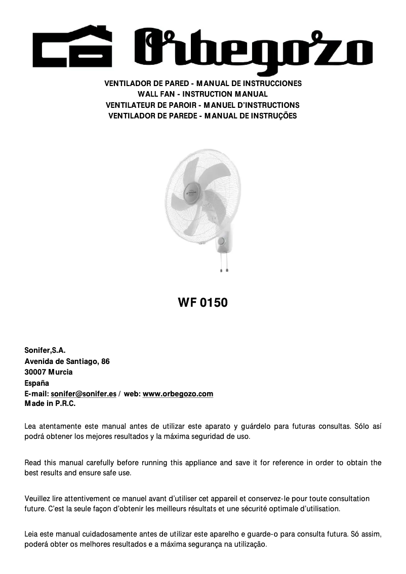 Page 1 de la notice Manuel utilisateur Orbegozo WF 0150