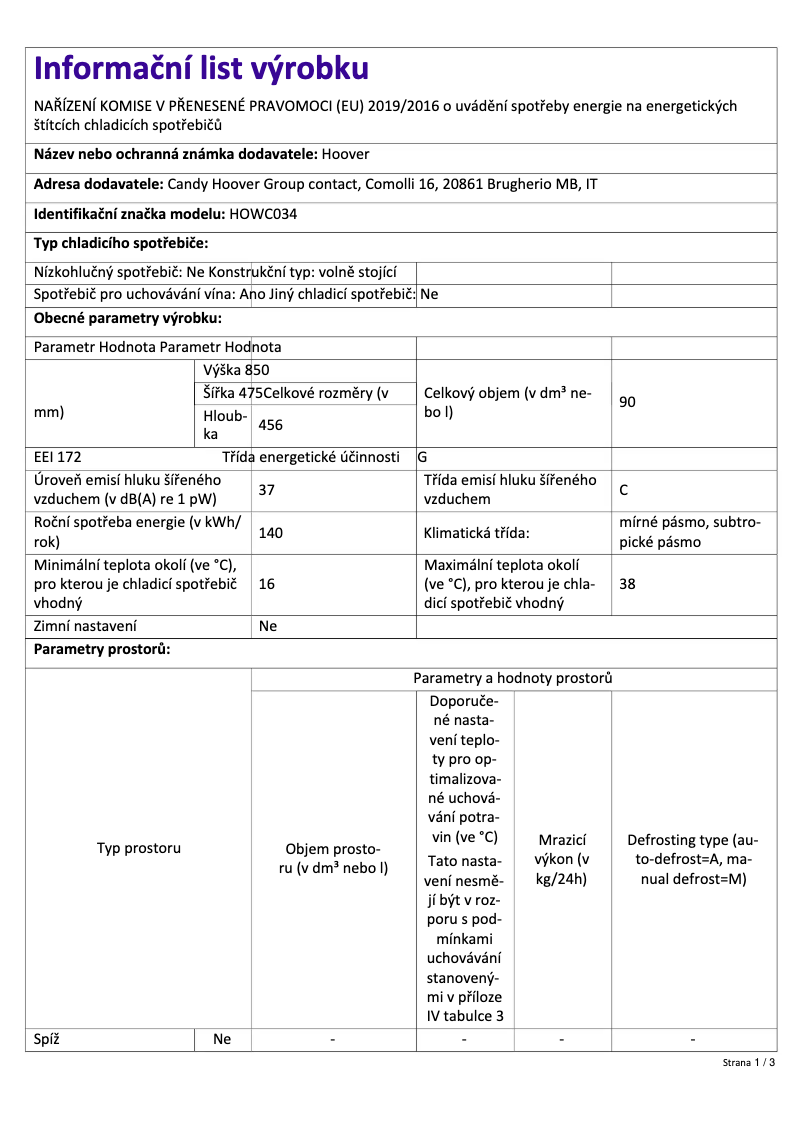 Page 1 de la notice Fiche technique Hoover HOWC034