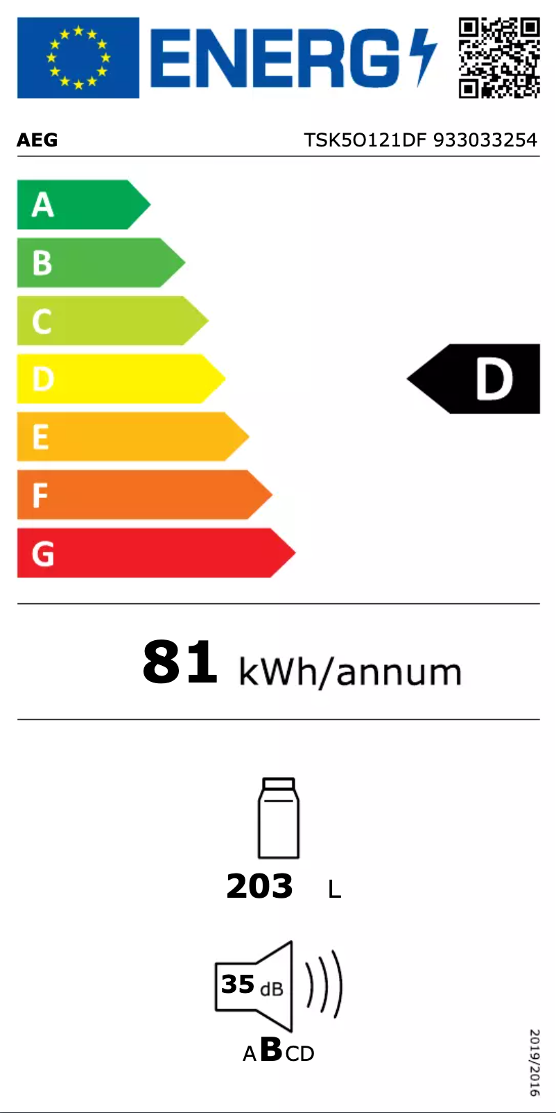 Página 1 del manual Etiqueta energética AEG TSK5O121DF