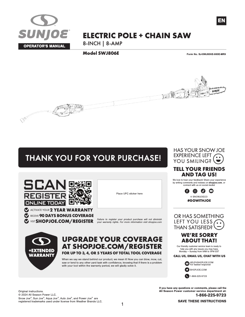 Page 1 de la notice Manuel utilisateur Sun Joe SWJ806E