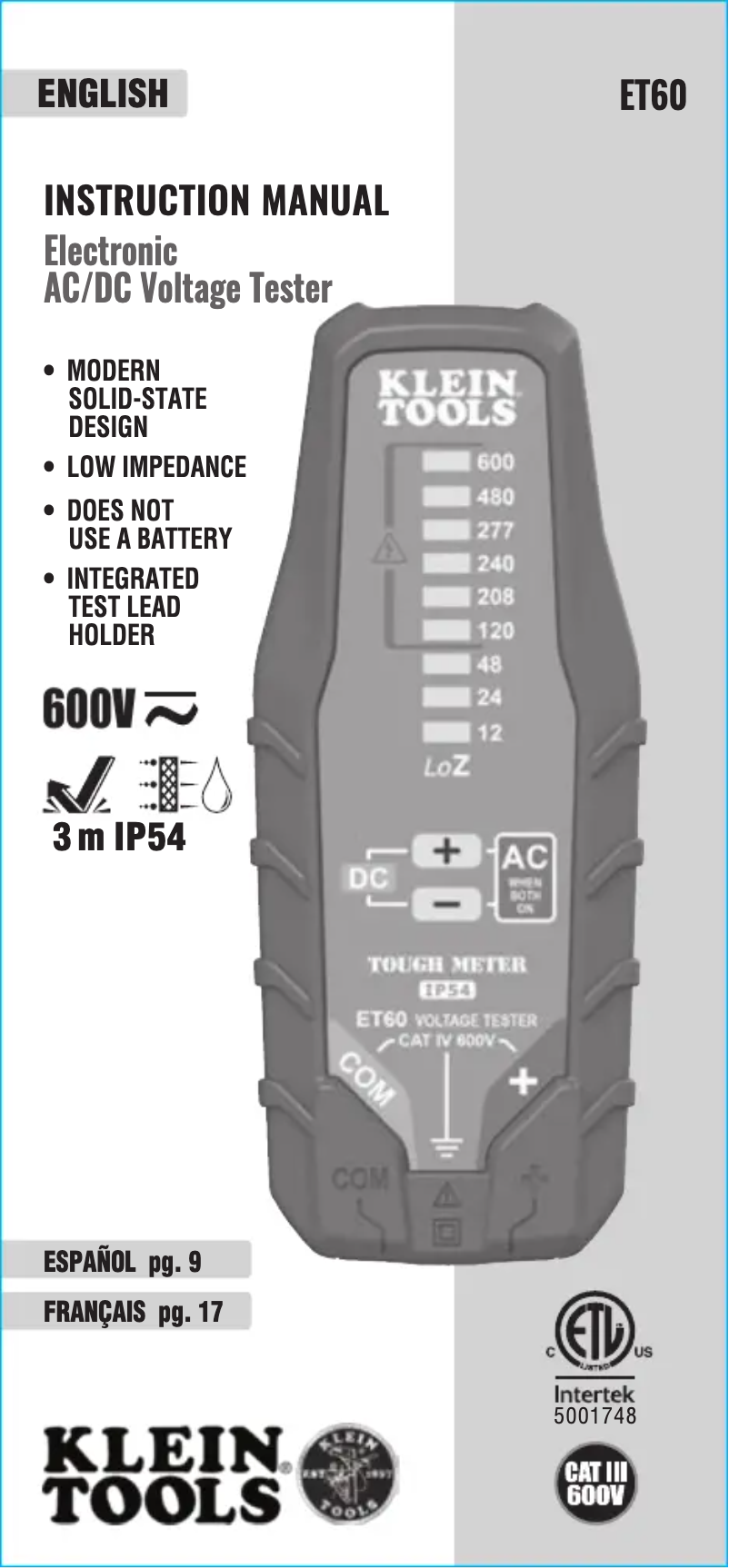 Page 1 de la notice Manuel utilisateur Klein Tools ET60