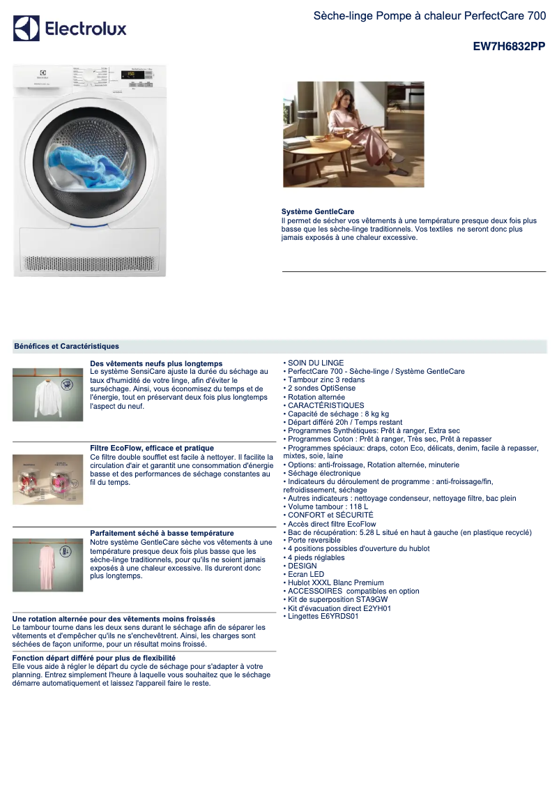 Page 1 de la notice Fiche technique Electrolux EW7H6832PP