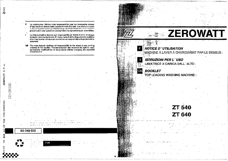 Page 1 de la notice Manuel utilisateur Zerowatt ZT 540