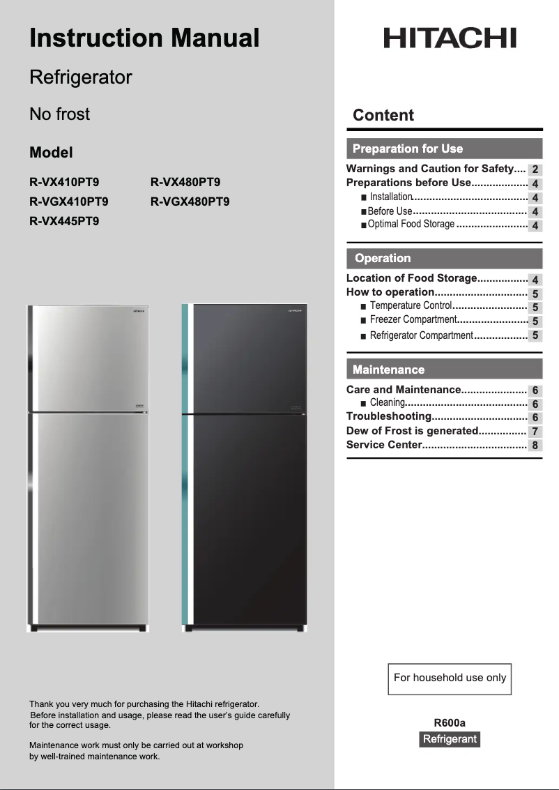 Page 1 de la notice Manuel utilisateur Hitachi R-VX410PT9