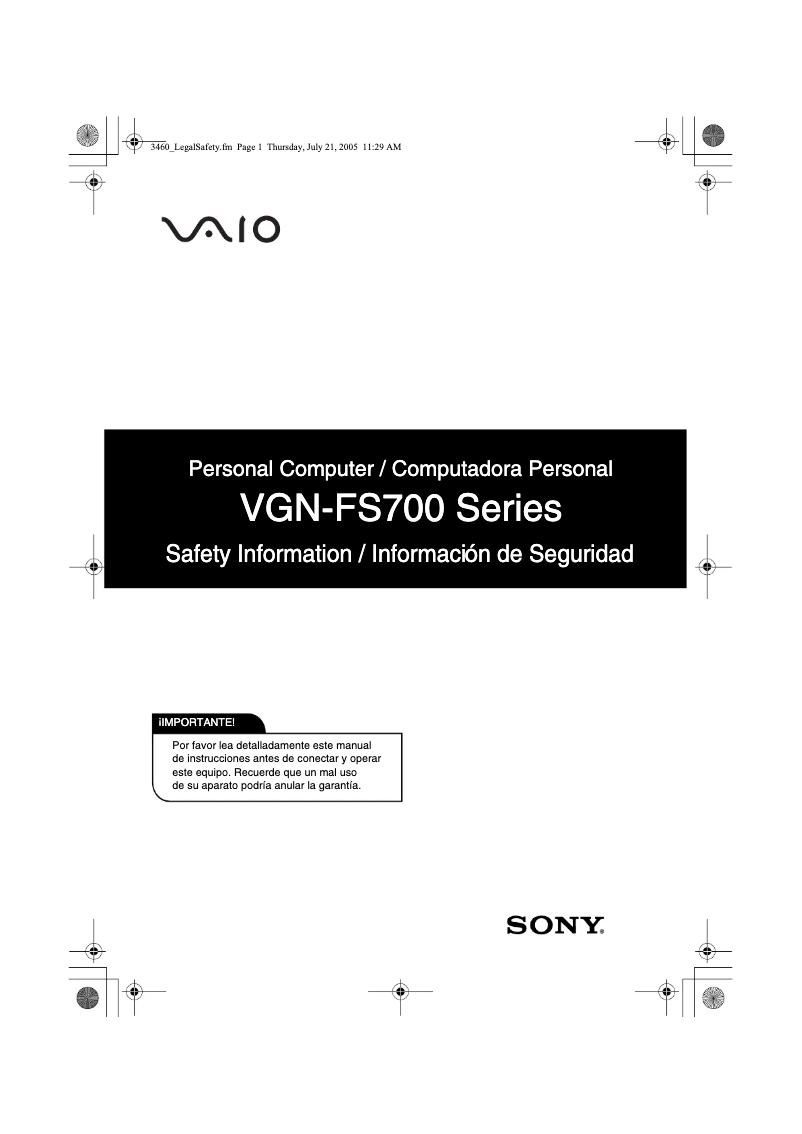 Image de la première page du manuel de l'appareil Vaio VGN-FS780
