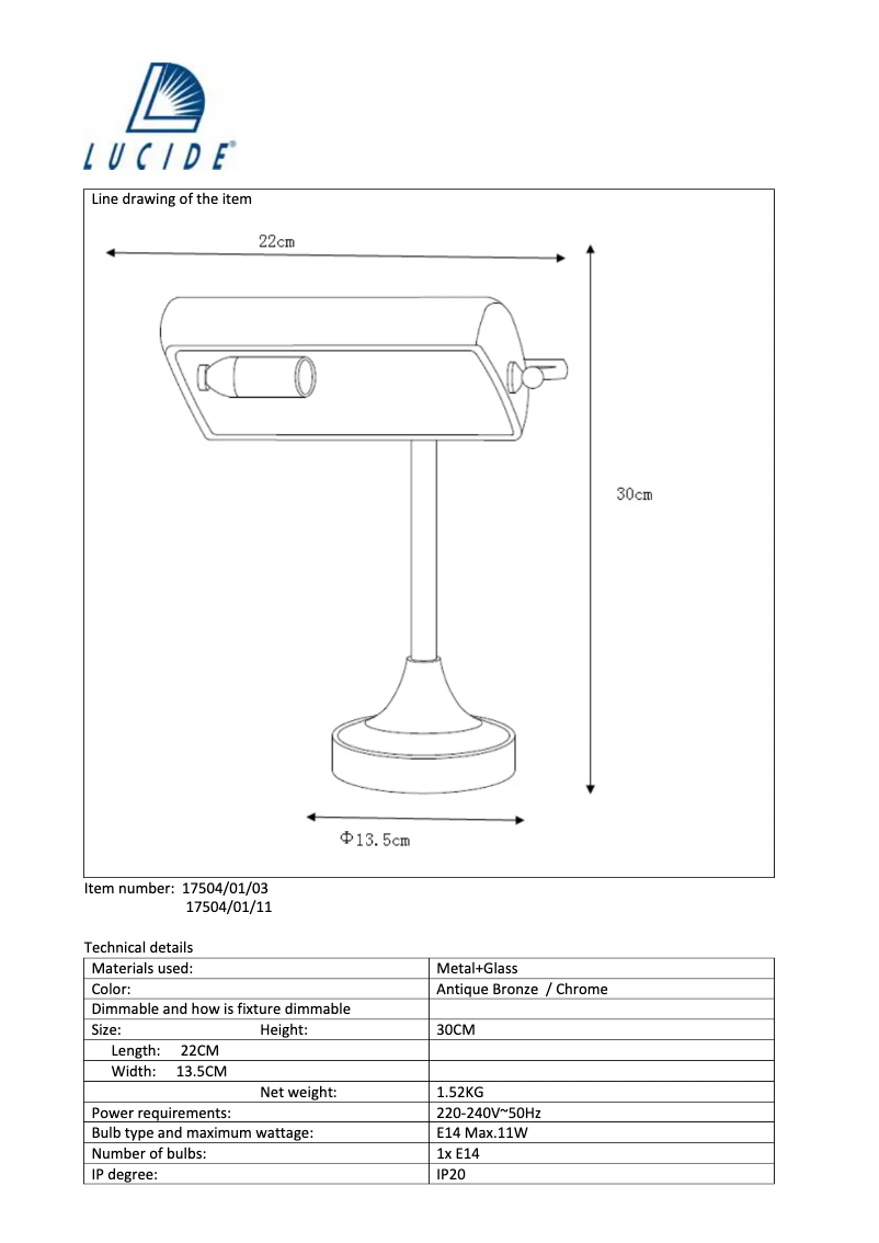 Page n°1 - Manuel utilisateur Lucide 17504/01/11 BANKER LAMPA