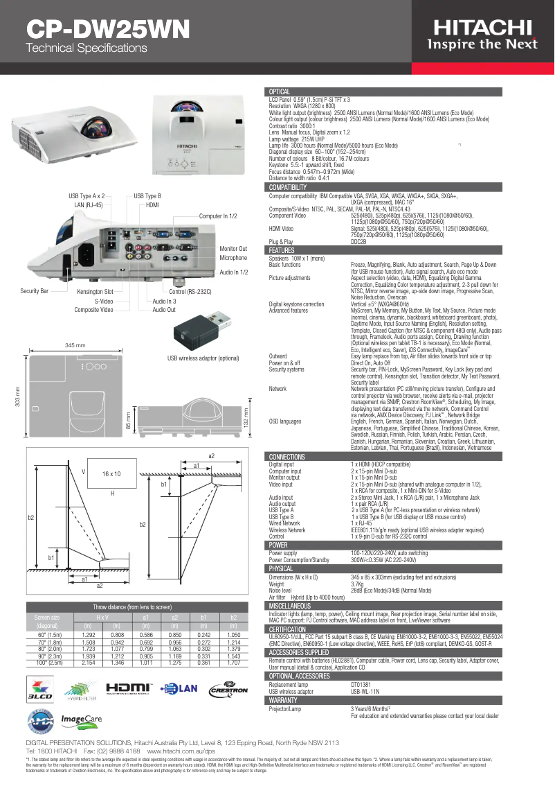 Page 1 de la notice Fiche technique Hitachi CP-DW25WN