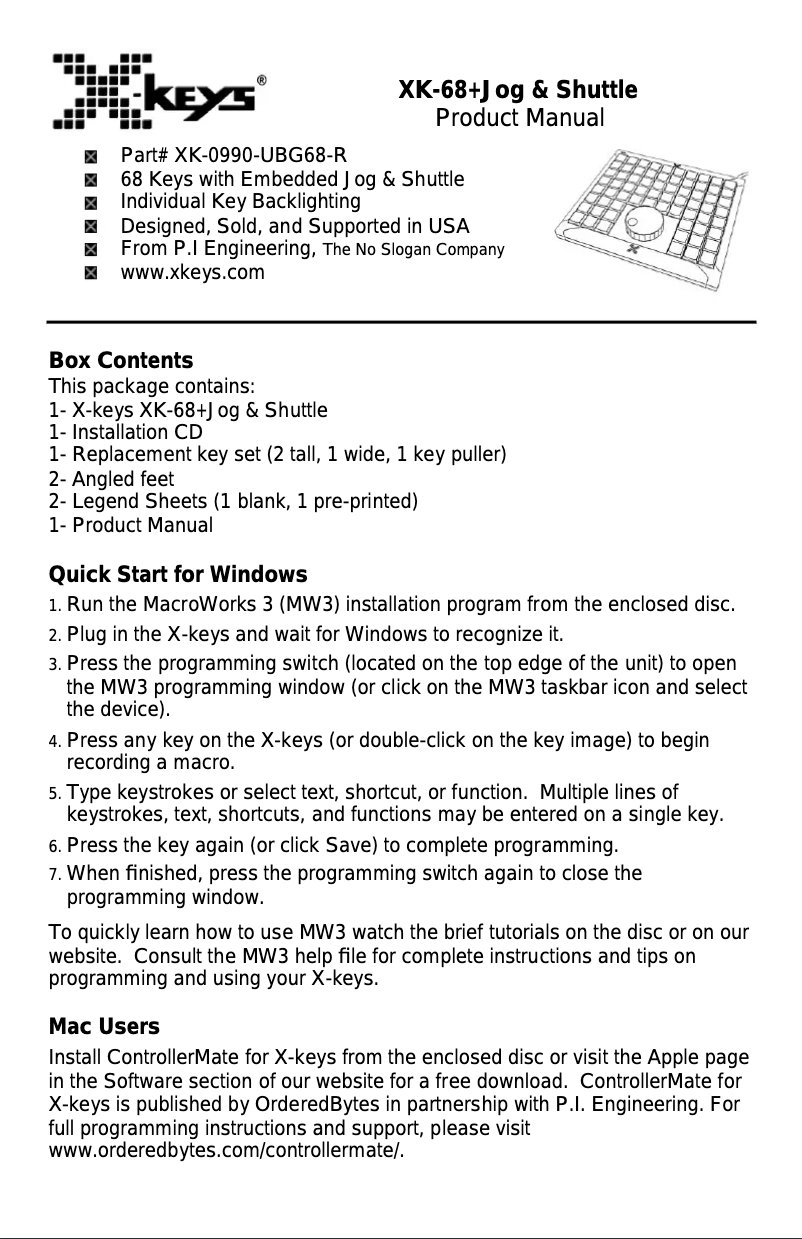 Page n°1 - Manuel utilisateur X-keys XK-68