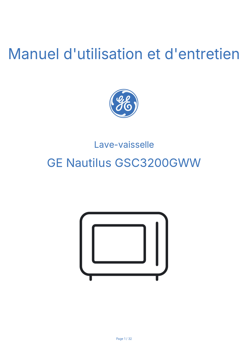 Page n°1 - Manuel d'utilisation et d'entretien GE Nautilus GSC3200GWW