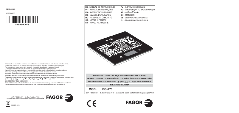 Page 1 de la notice Manuel utilisateur Fagor BC-275