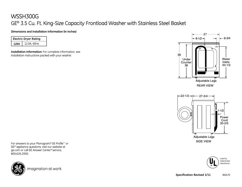 Page 1 de la notice Fiche technique GE WSSH300GWW