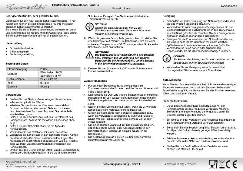 Page 1 de la notice Manuel utilisateur Rosenstein & Söhne NC-3666-919