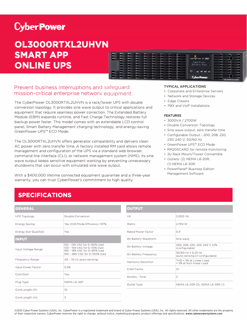 Page 1 de la notice Fiche technique CyberPower OL3000RTXL2UHVN