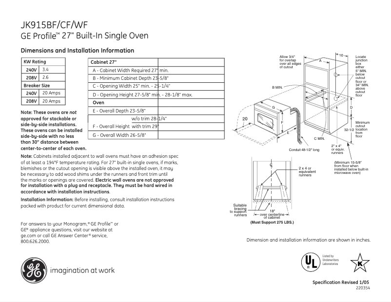 Página 1 del manual Ficha técnica GE JK915BFBB