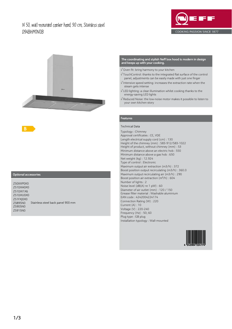 Page 1 de la notice Fiche technique Neff D94BHM1N0B