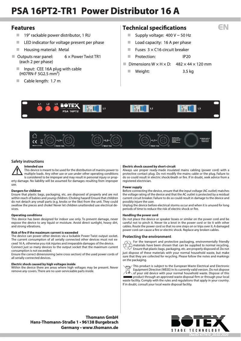 Page 1 de la notice Manuel utilisateur Botex PSA 16PT2-TR1