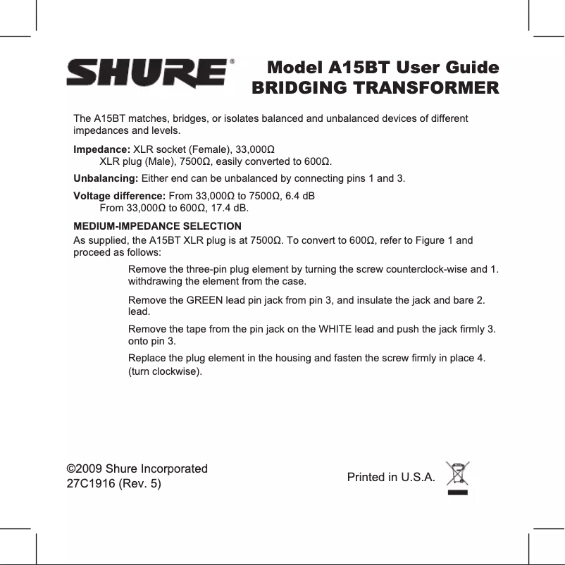Page 1 of the manual User Manual Shure A15BT