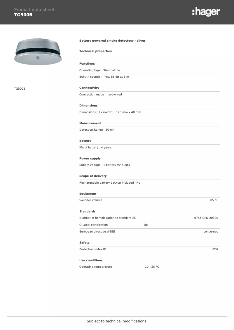 Page 1 de la notice Fiche technique Hager TG500B