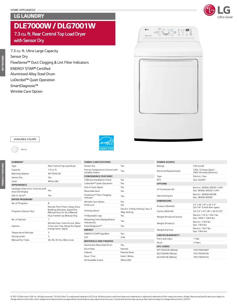 Page 1 de la notice Fiche technique LG DLG7001W