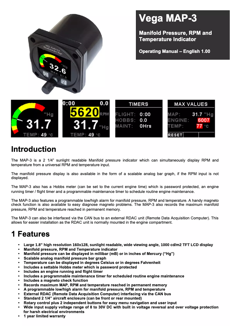 Page 1 de la notice Manuel utilisateur MGL Avionics Vega MAP-3