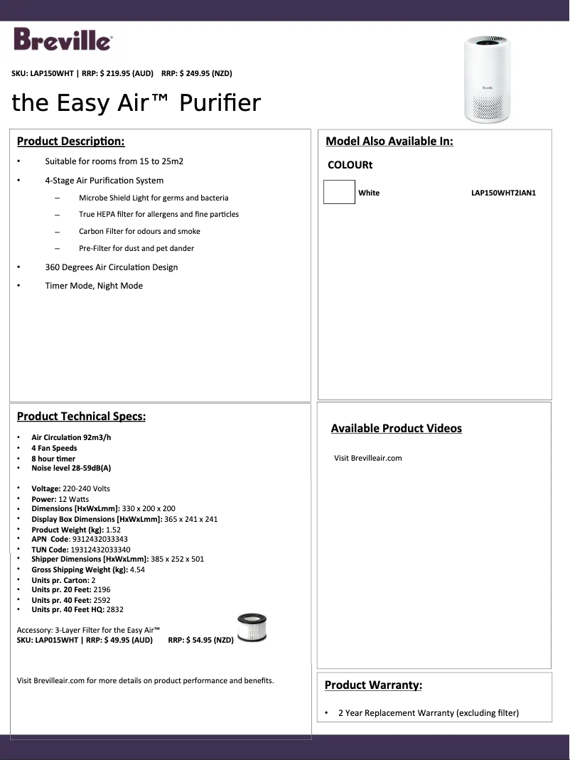 Page n°1 - Fiche technique Breville Easy Air LAP150