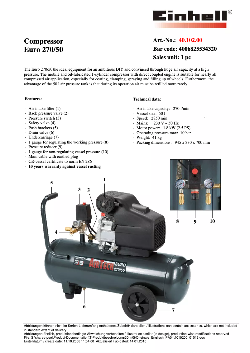 Page 1 de la notice Manuel utilisateur Einhell Euro 270/50