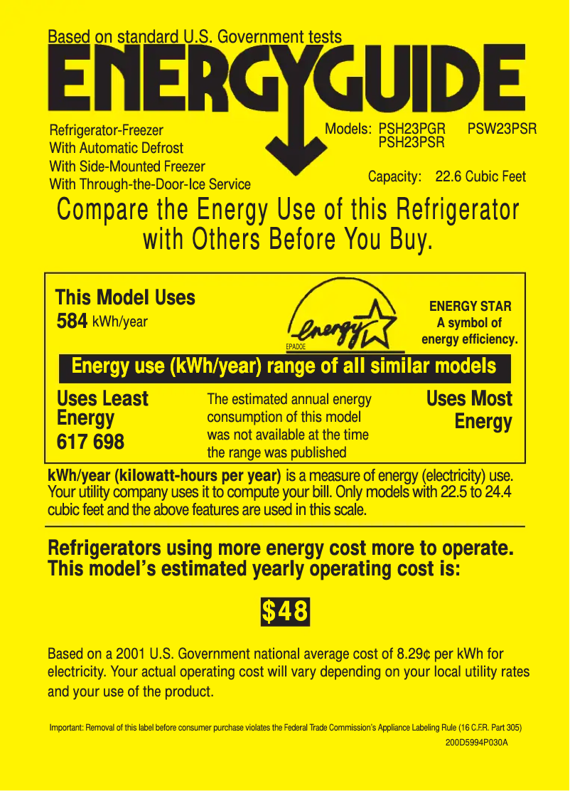 Page 1 de la notice Label énergétique GE Profile CustomStyle PSH23PGRWW