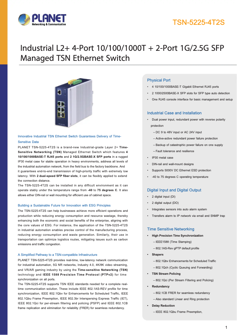 Page 1 de la notice Fiche technique Planet TSN-5225-4T2S