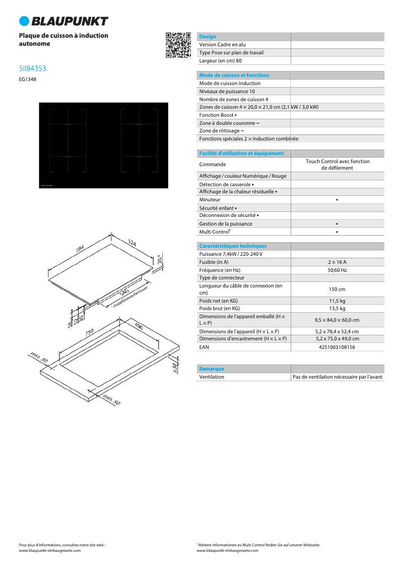 Página 1 del manual Ficha técnica Blaupunkt 5II84353
