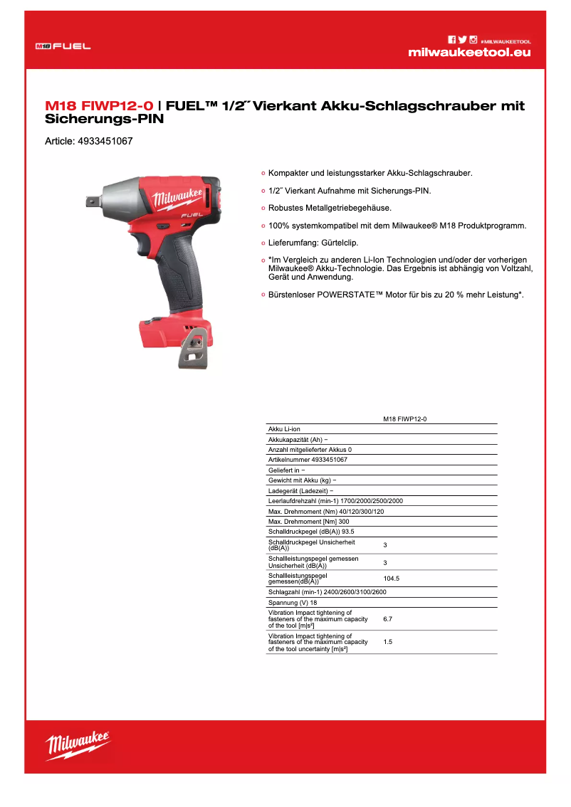 Page 1 de la notice Manuel utilisateur Milwaukee M18 FIWP12-0