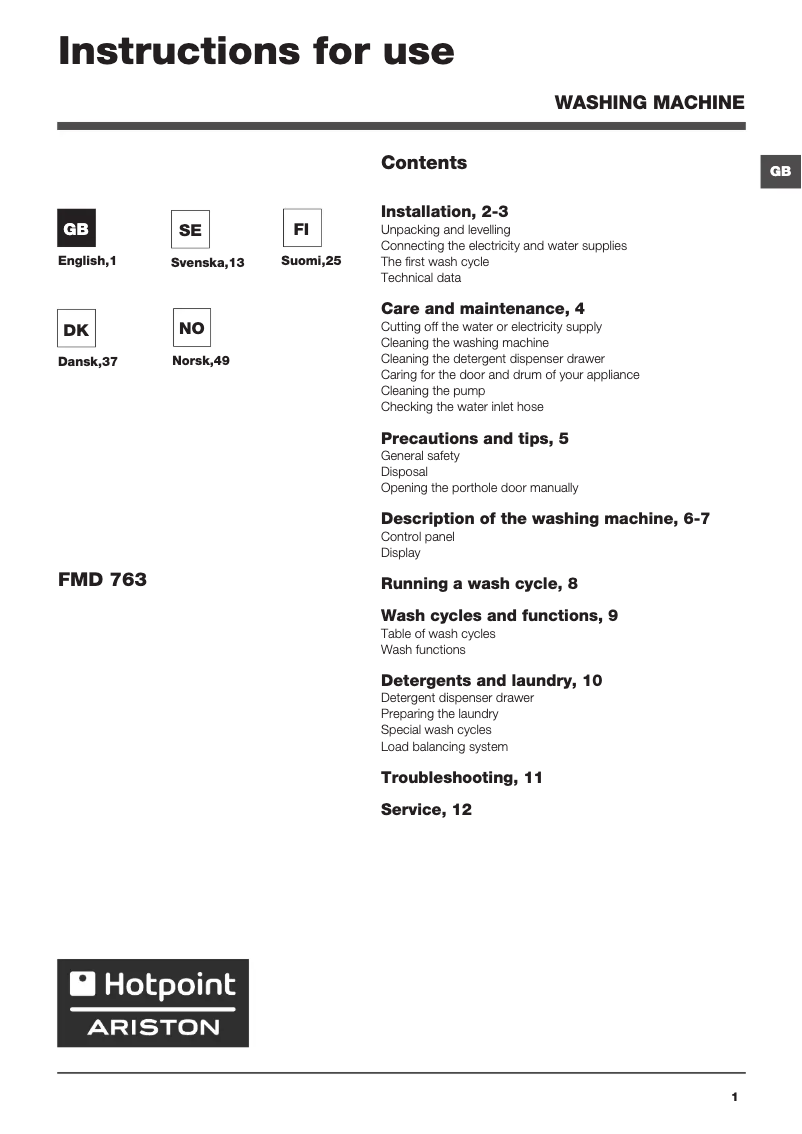 Page n°1 - Manuel utilisateur Hotpoint Ariston FMD 763
