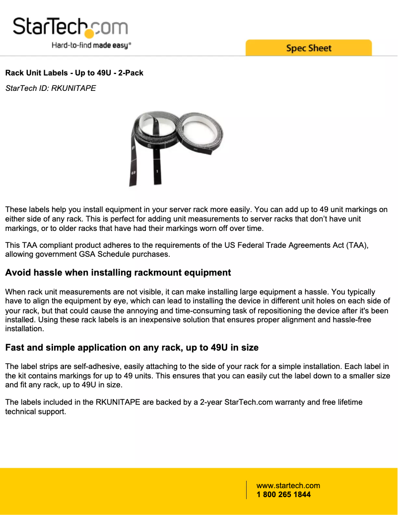 Page 1 de la notice Brochure StarTech.com RKUNITAPE