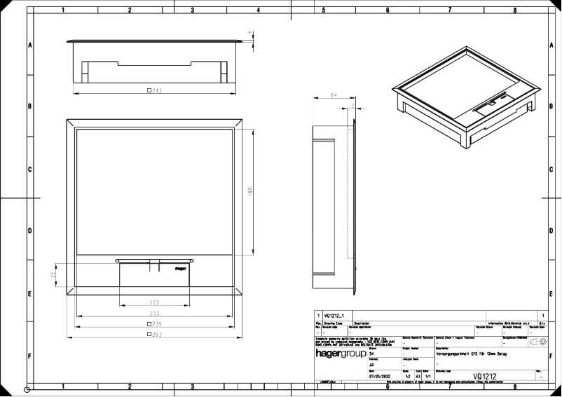 Page 1 de la notice Dessin technique Hager VQ12129005