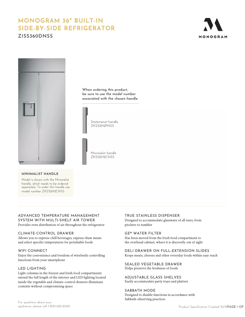 Page 1 de la notice Fiche technique Monogram ZISS360DNSS
