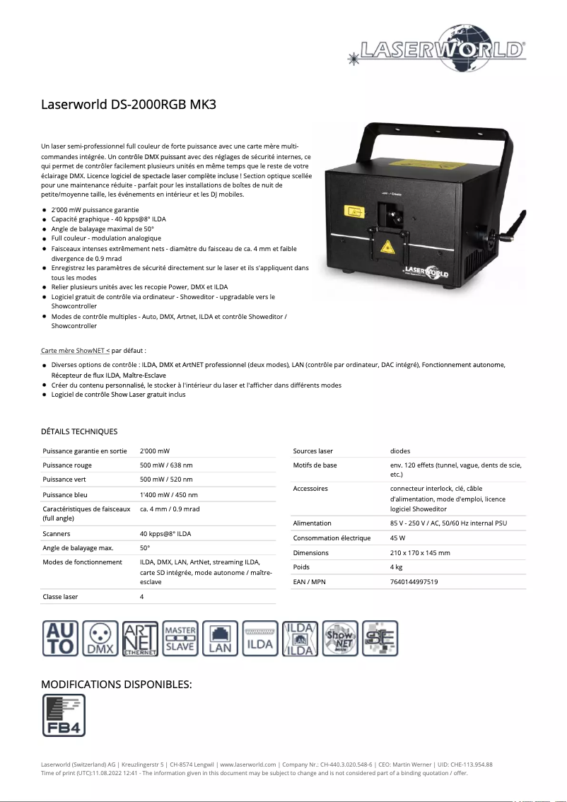 Page 1 de la notice Fiche technique Laserworld DS-2000RGB MK3