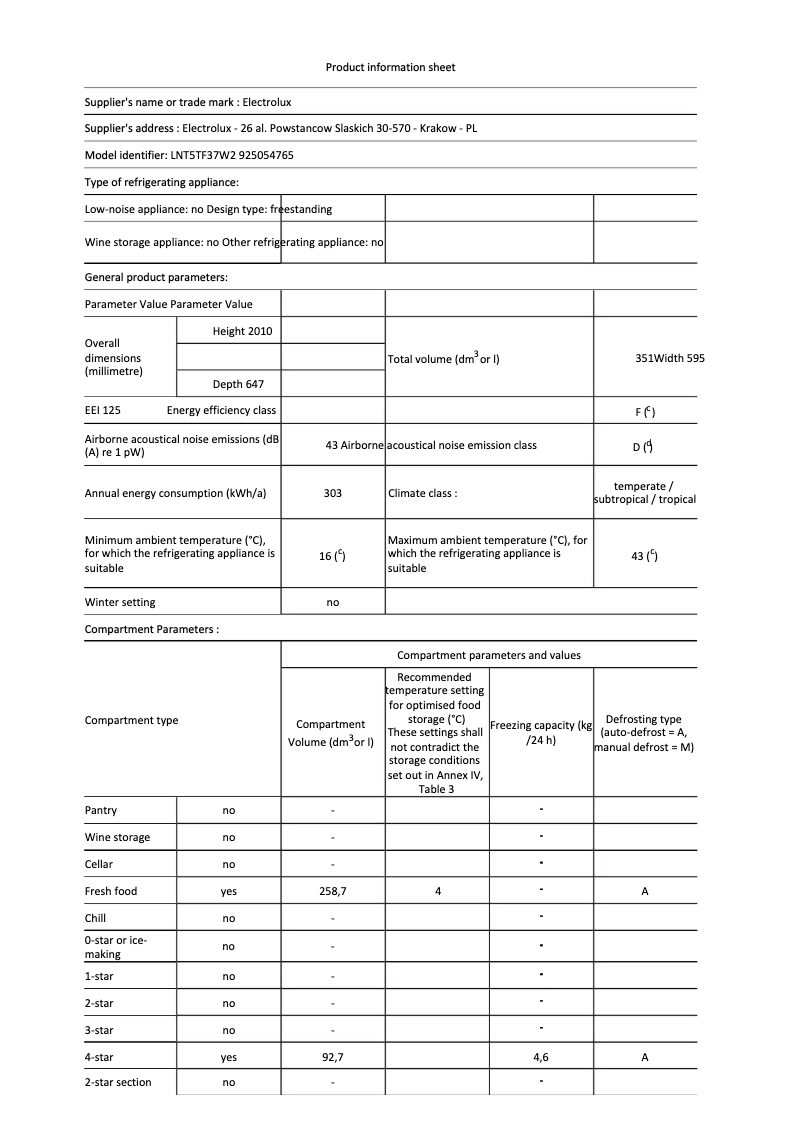 Page 1 de la notice Fiche technique Electrolux LNT5TF37W2